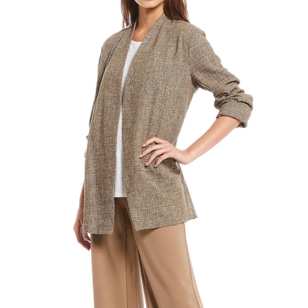 Eileen Fisher brown neutral tweed textured open front blazer jacket ladies L NWT